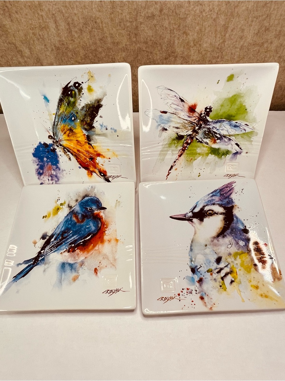 Dean Crouser Watercolor Bird Bluebird Bluejay Butterfly Dragonfly Plates Set 4